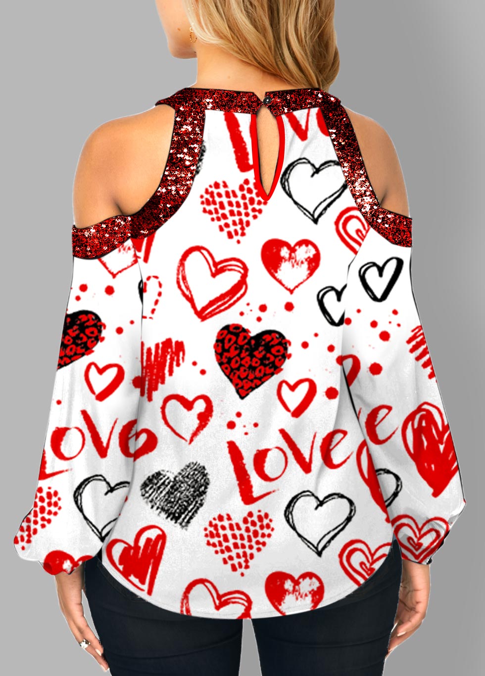Keyhole Neckline Cold Shoulder Heart Print T Shirt