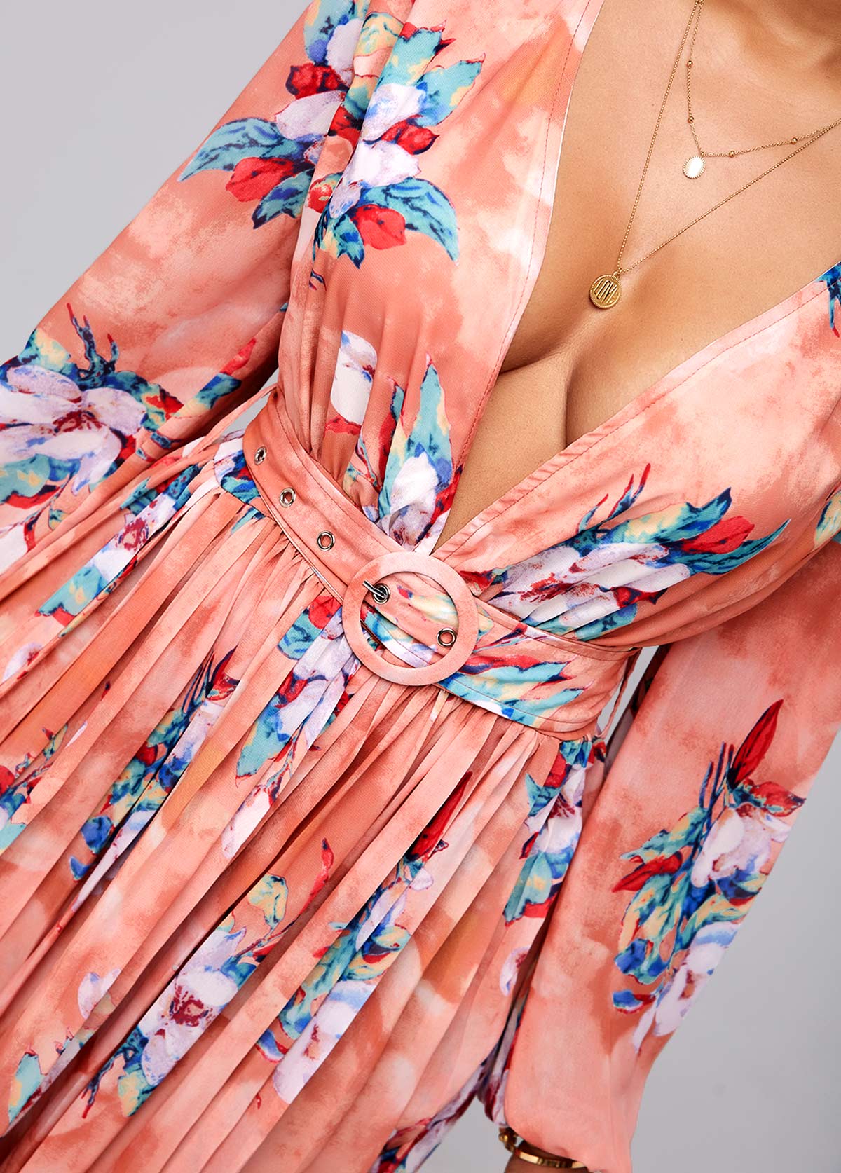 Pleated Hem Buckle Belted Floral Print Dress