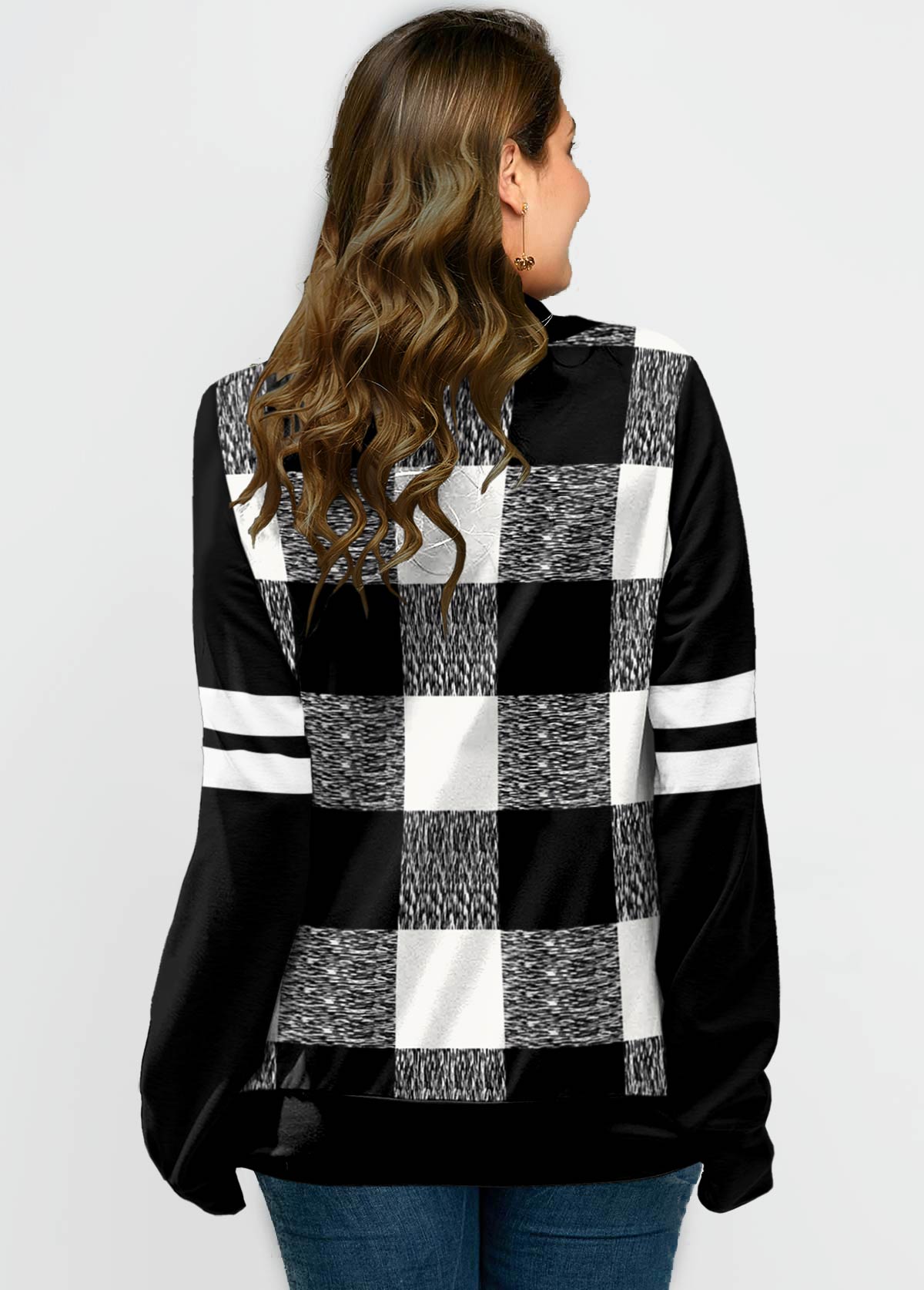 Plaid Drawstring Neck Contrast Long Sleeve Sweatshirt