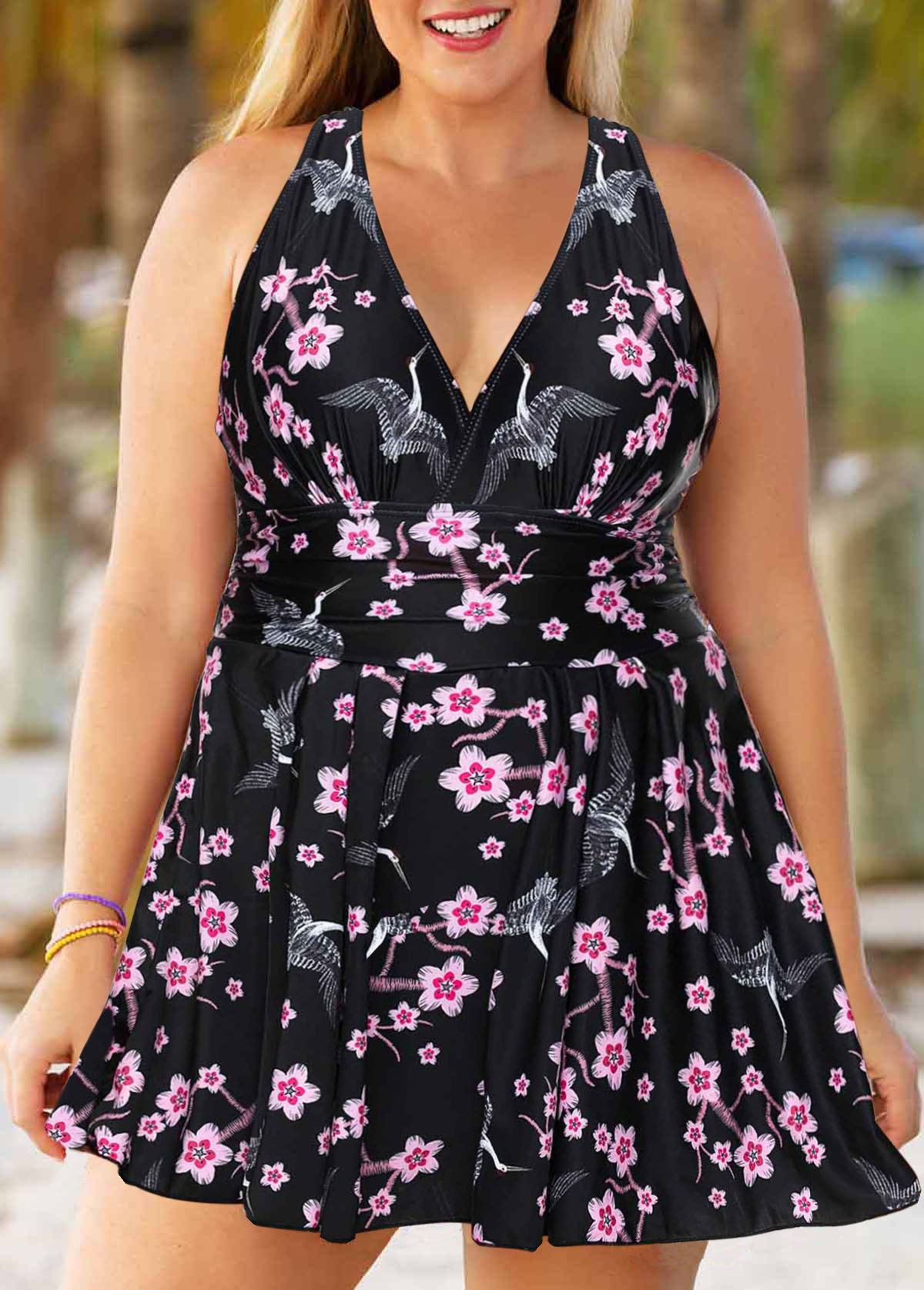 Floral Print Cross Strap Plus Size Swimdress and Shorts