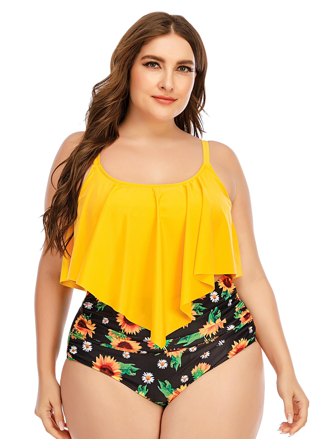 Sunflower Print Asymmetric Hem Plus Size Bikini Set