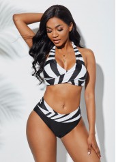 Contrast Halter Geometric Print Bikini Set