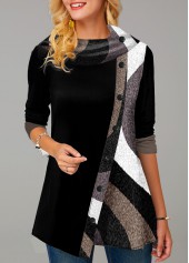 Button Detail Contrast Asymmetric Hem Tunic Top