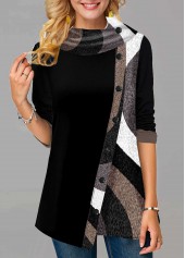 Button Detail Contrast Asymmetric Hem Tunic Top