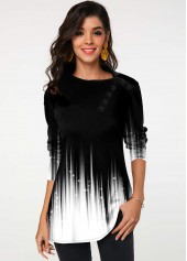 Ombre Decorative Button White Asymmetrical Neck T Shirt