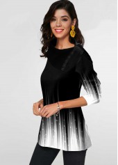 Ombre Decorative Button White Asymmetrical Neck T Shirt