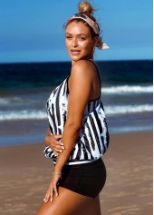 Contrast Spaghetti Strap Striped Blouson Tankini Set