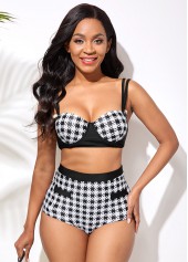 Double Strap High Waist Houndstooth Print Bikini Set