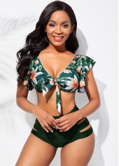 Floral Print Ladder Cutout Flounce High Waisted Bikini Set