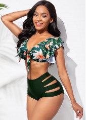 Floral Print Ladder Cutout Flounce High Waisted Bikini Set