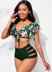 Floral Print Ladder Cutout Flounce High Waisted Bikini Set