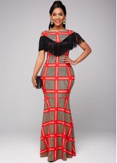 Cold Shoulder Plaid Tassel Detail Dress