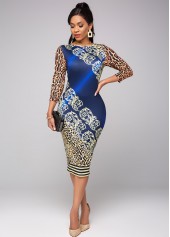 3/4 Sleeve Leopard Round Neck Dress