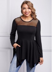 Long Sleeve Mesh Asymmetric Hem T Shirt