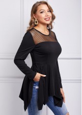 Long Sleeve Mesh Asymmetric Hem T Shirt