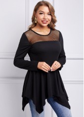 Long Sleeve Mesh Asymmetric Hem T Shirt