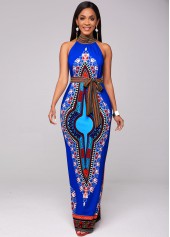 Belted Dashiki Print Bib Neck Maxi Dress
