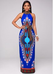 Belted Dashiki Print Bib Neck Maxi Dress