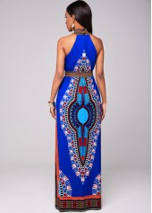 Belted Dashiki Print Bib Neck Maxi Dress