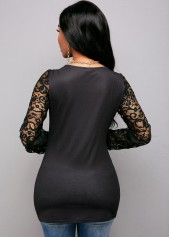 Long Sleeve Lace Panel V Neck Striped T Shirt 