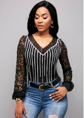 Long Sleeve Lace Panel V Neck Striped T Shirt 