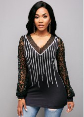Long Sleeve Lace Panel V Neck Striped T Shirt 