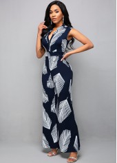 Sleeveless Plant Print Split Neck Jumpsuit