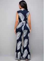 Sleeveless Plant Print Split Neck Jumpsuit