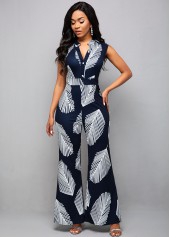 Sleeveless Plant Print Split Neck Jumpsuit