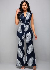 Sleeveless Plant Print Split Neck Jumpsuit