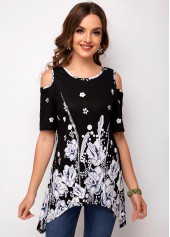Cold Shoulder Asymmetric Hem Floral Print T Shirt