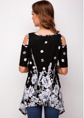 Cold Shoulder Asymmetric Hem Floral Print T Shirt