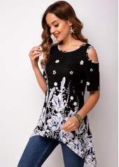 Cold Shoulder Asymmetric Hem Floral Print T Shirt