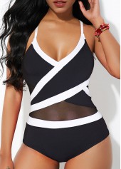 Mesh Color Block Spaghetti Strap One Piece Swimwear