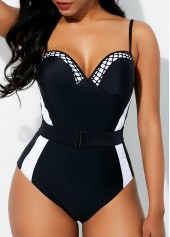 Belted Contrast Spaghetti Strap One Piece Swimwear