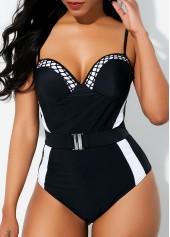 Belted Contrast Spaghetti Strap One Piece Swimwear