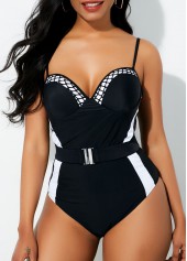 Belted Contrast Spaghetti Strap One Piece Swimwear