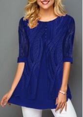 Lace Panel Round Neck Layered Hem T Shirt