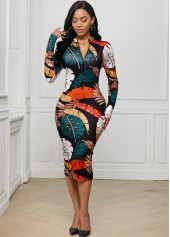 Printed Zip Front Long Sleeve Dress