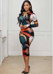 Printed Zip Front Long Sleeve Dress