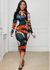 Printed Zip Front Long Sleeve Dress