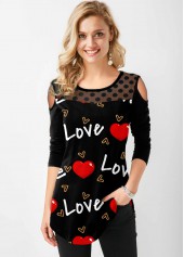 Letter Polka Dot Heart Print Cold Shoulder T Shirt