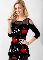 Letter Polka Dot Heart Print Cold Shoulder T Shirt