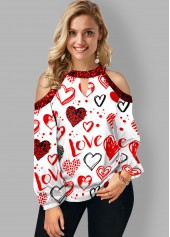 Keyhole Neckline Cold Shoulder Heart Print T Shirt