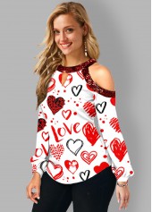 Keyhole Neckline Cold Shoulder Heart Print T Shirt