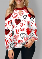 Keyhole Neckline Cold Shoulder Heart Print T Shirt