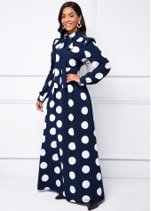 Long Sleeve Turndown Collar Polka Dot Dress