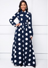 Long Sleeve Turndown Collar Polka Dot Dress