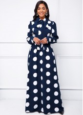 Long Sleeve Turndown Collar Polka Dot Dress