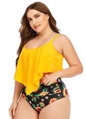 Sunflower Print Asymmetric Hem Plus Size Bikini Set